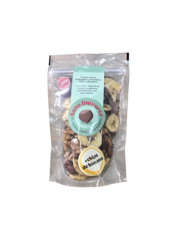 mix de frutos secos activados y tostados + banana Sano universo x 100 grs